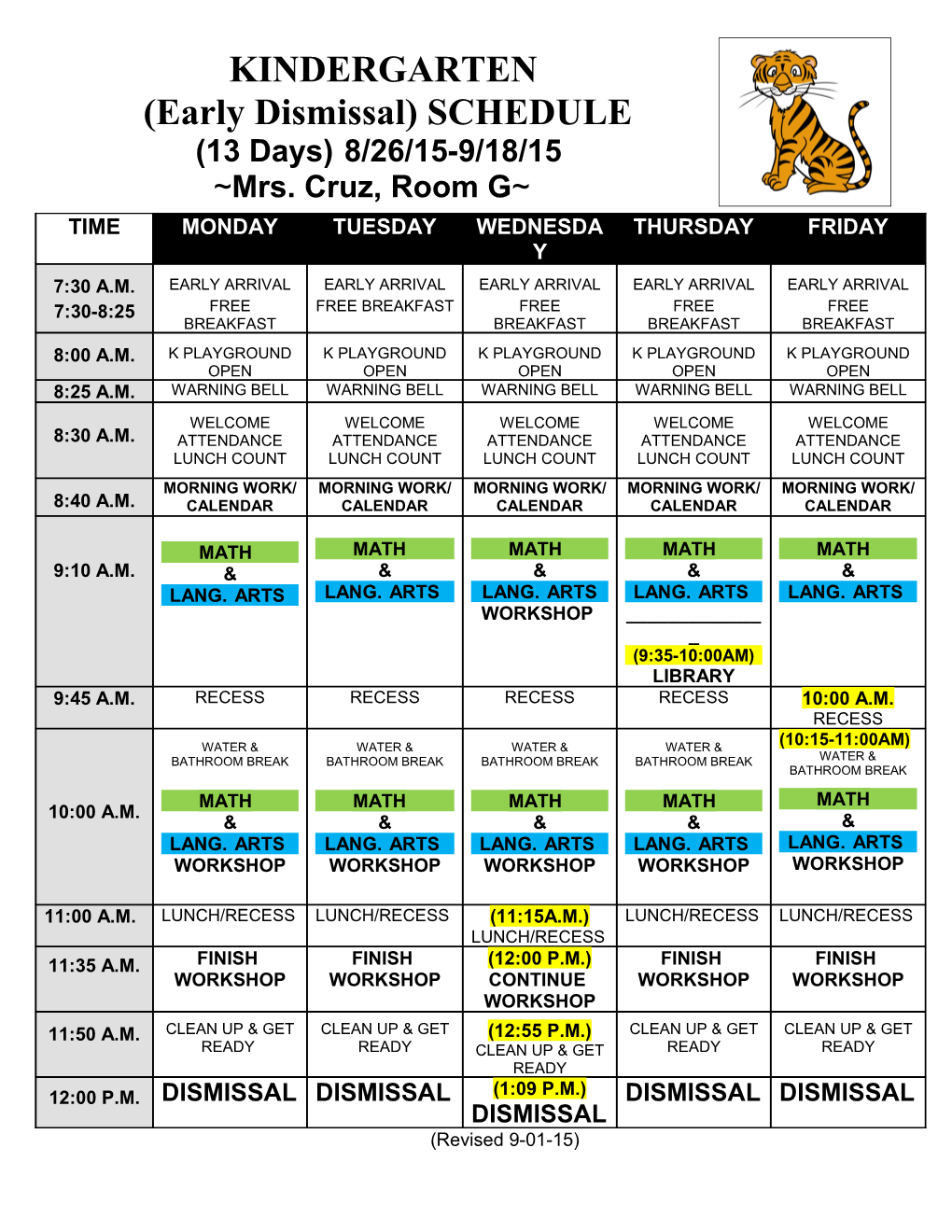 (Early Dismissal) SCHEDULE s1