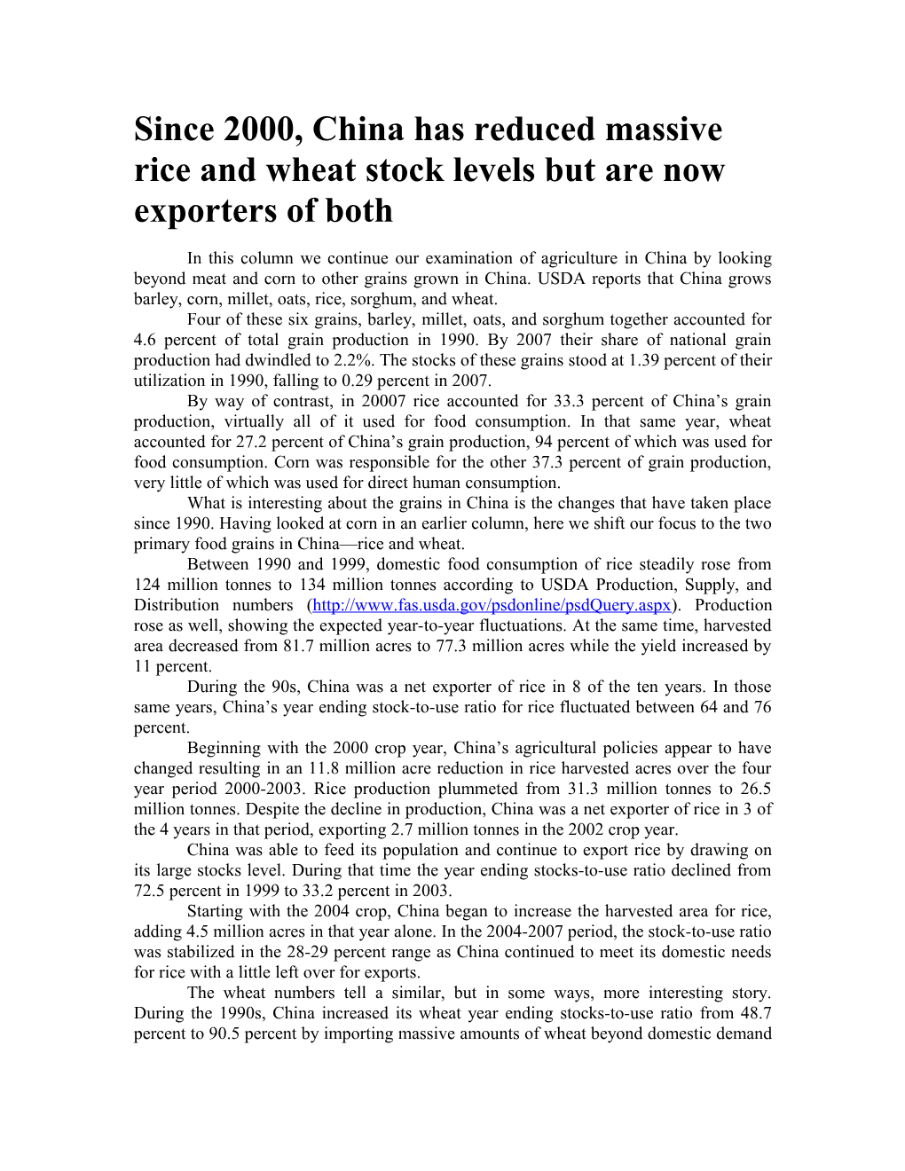 Since 2000, China Has Reduced Massive Rice and Wheat Stock Levels but Are Now Exporters of Both