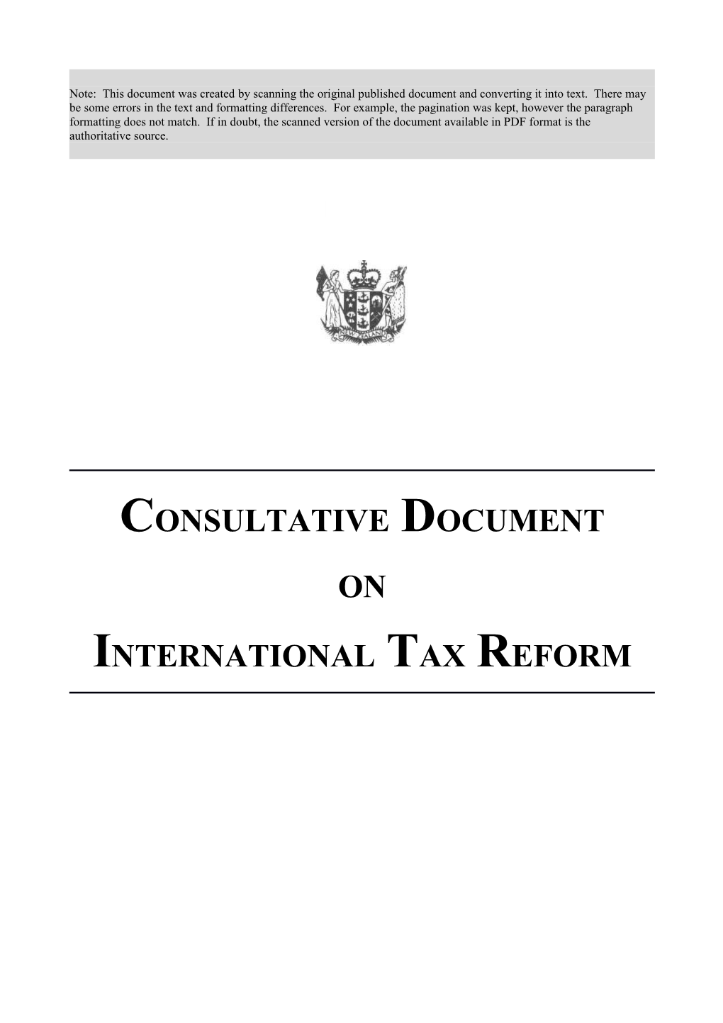Consultative Document on International Tax Reform (December 1987)