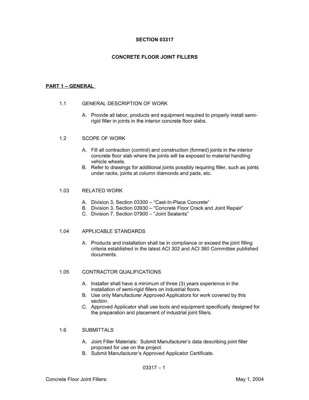 Specification for Filling Concrete Floor Joints in a Multi-Temperature Food D