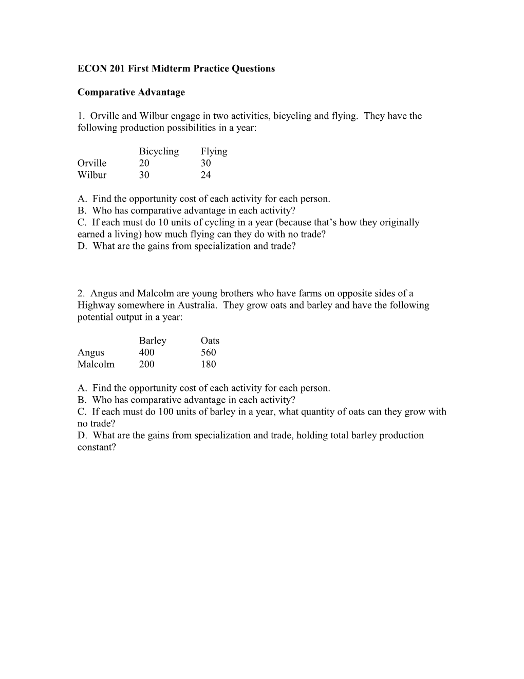 ECON 201 First Midterm Practice Questions