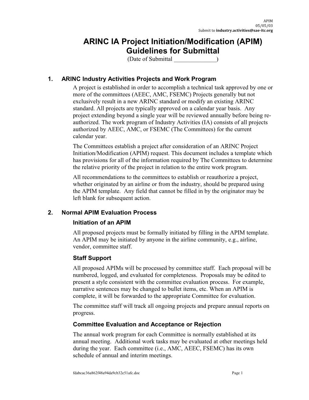 ARINC IA Project Initiation/Modification (APIM)