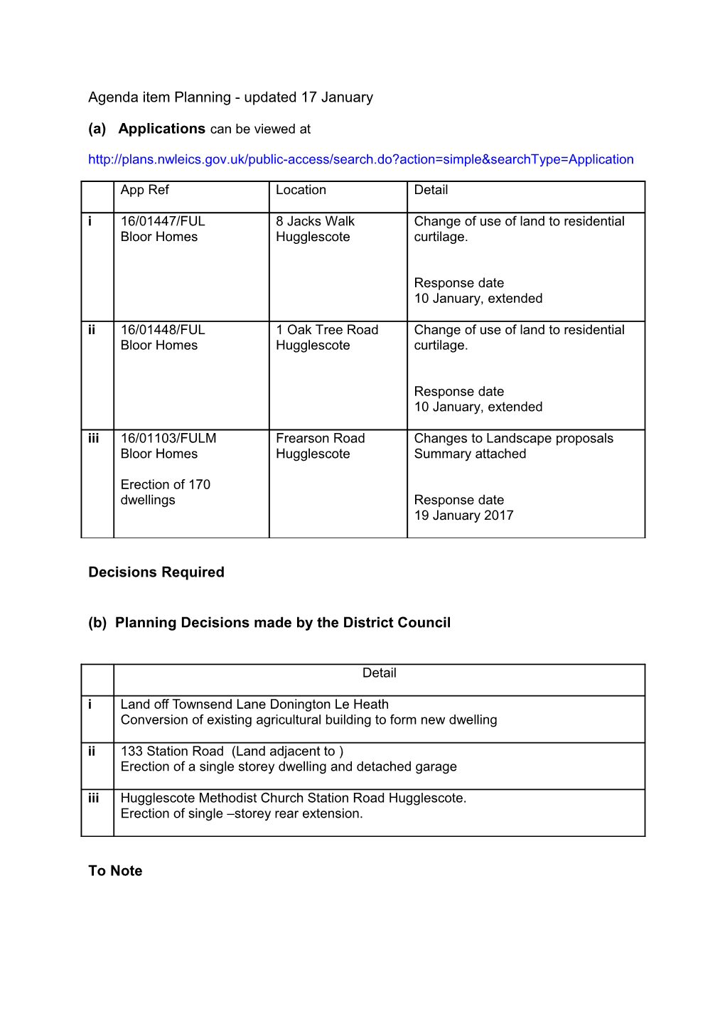 Agenda Item Planning- Updated 17 January