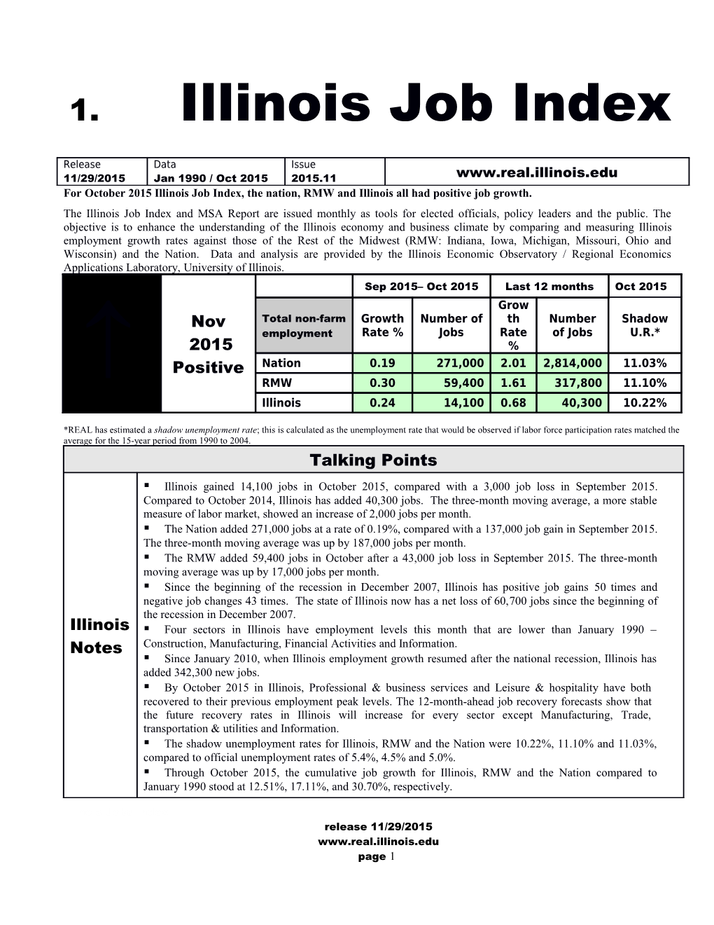 Foroctober2015illinois Job Index, the Nation,Rmwand Illinois All Had Positive Job Growth