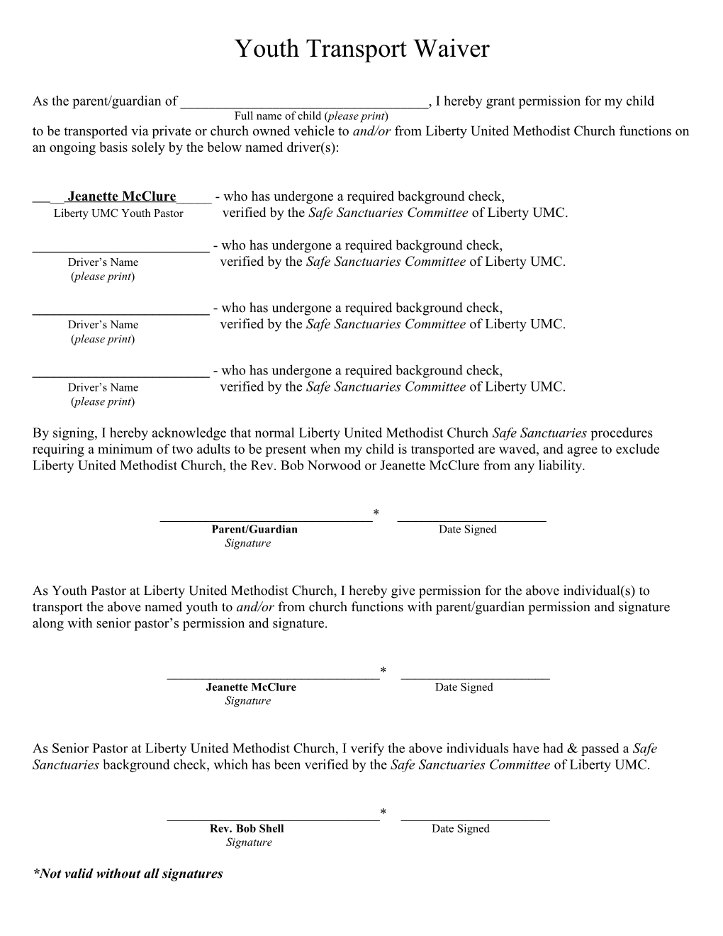 Youth Transport Permission Slip