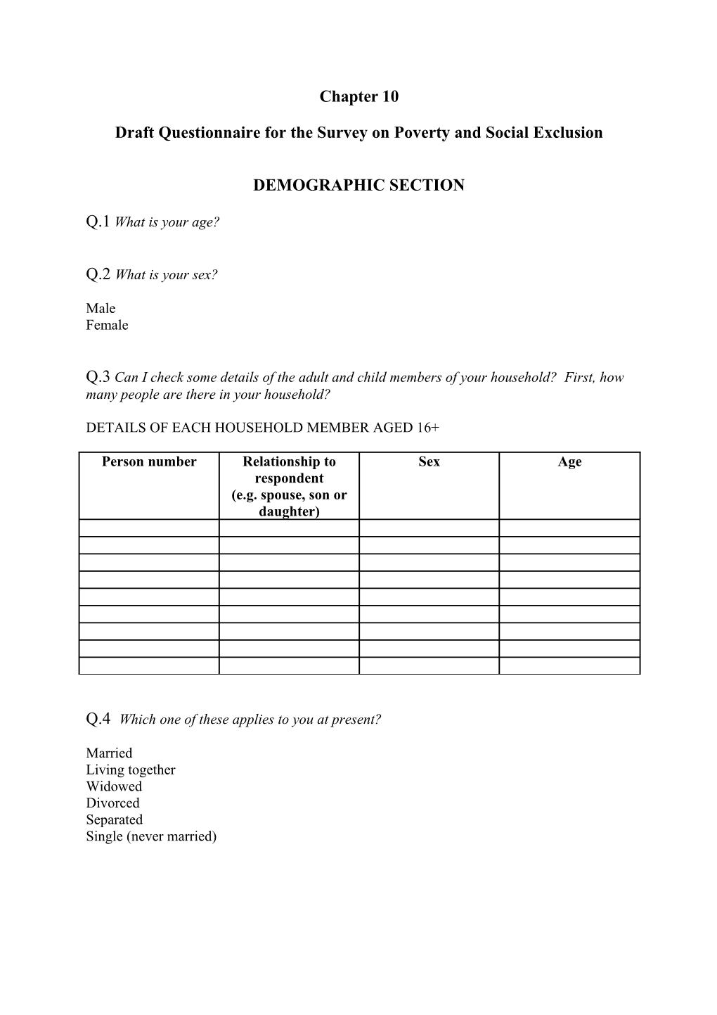 Draft Questionnaire for the Survey on Poverty and Social Exclusion