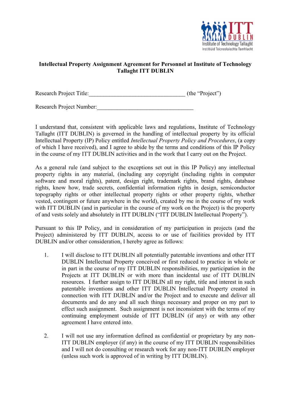 Intellectual Property Assignment Agreement for Personnel at Institute of Technology Tallaghtitt