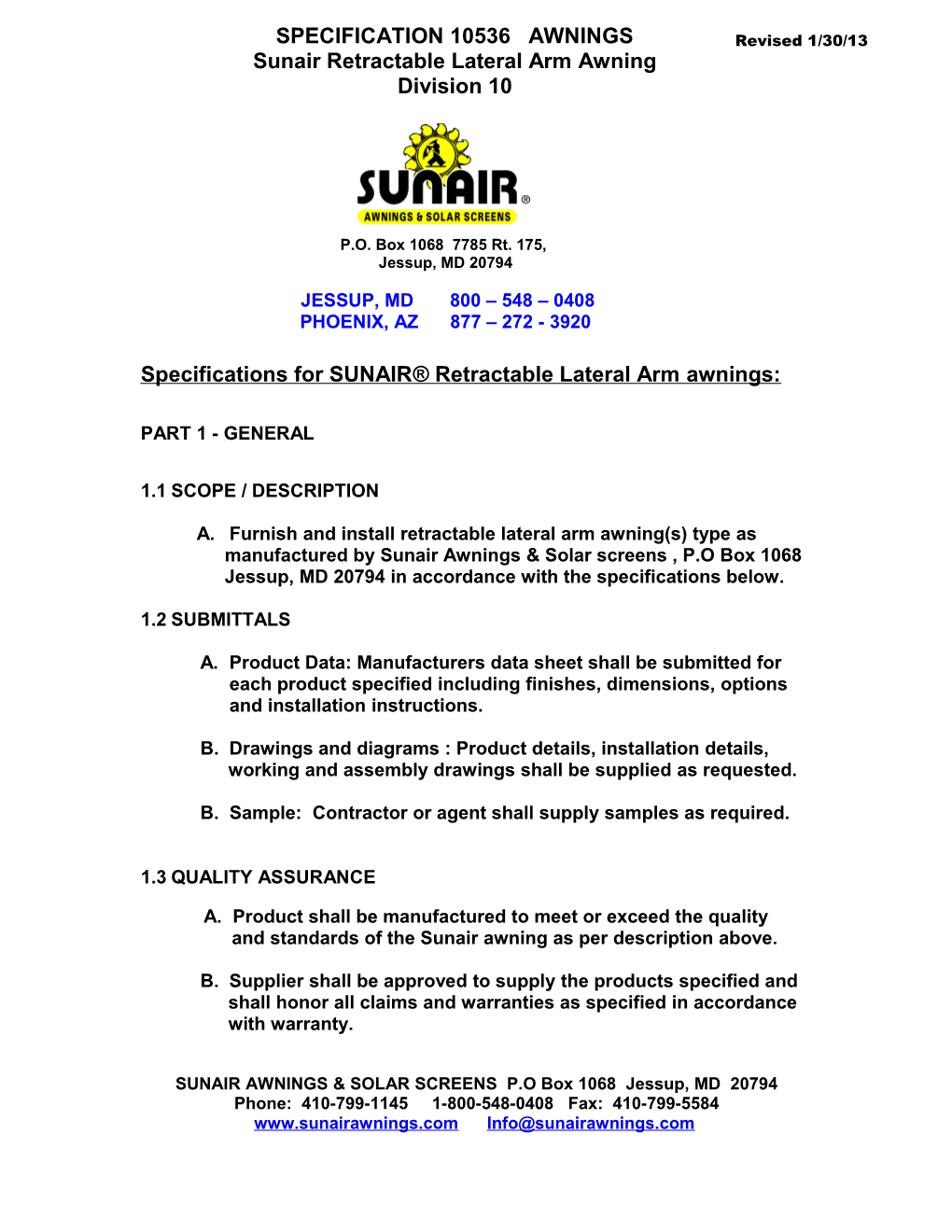 Specifications for SUNAIR Retractable Awnings