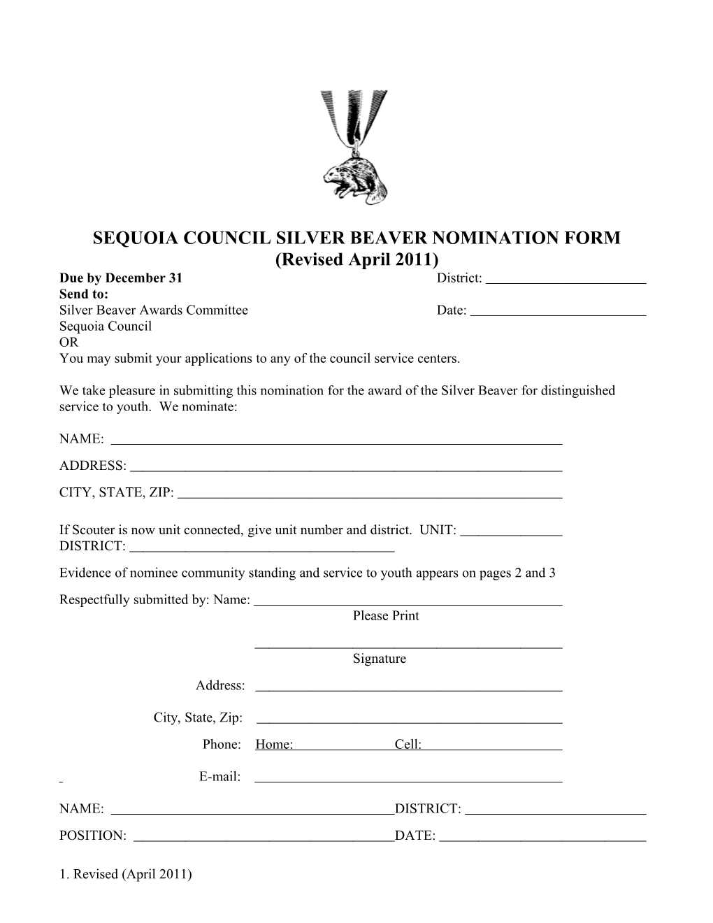 Sequoia Council Silver Beaver Nomination Form
