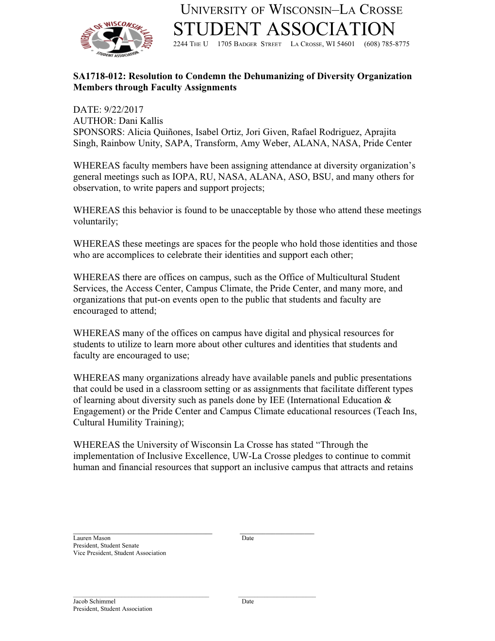 SA1718-012: Resolution to Condemn the Dehumanizing of Diversity Organization Members Through