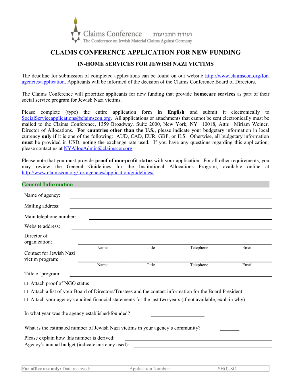 Application for an Allocation from the Funds Available to the Claims Conference Successor