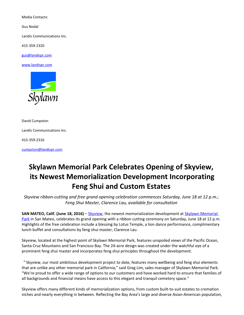 Skylawn Memorial Park Celebrates Opening of Skyview