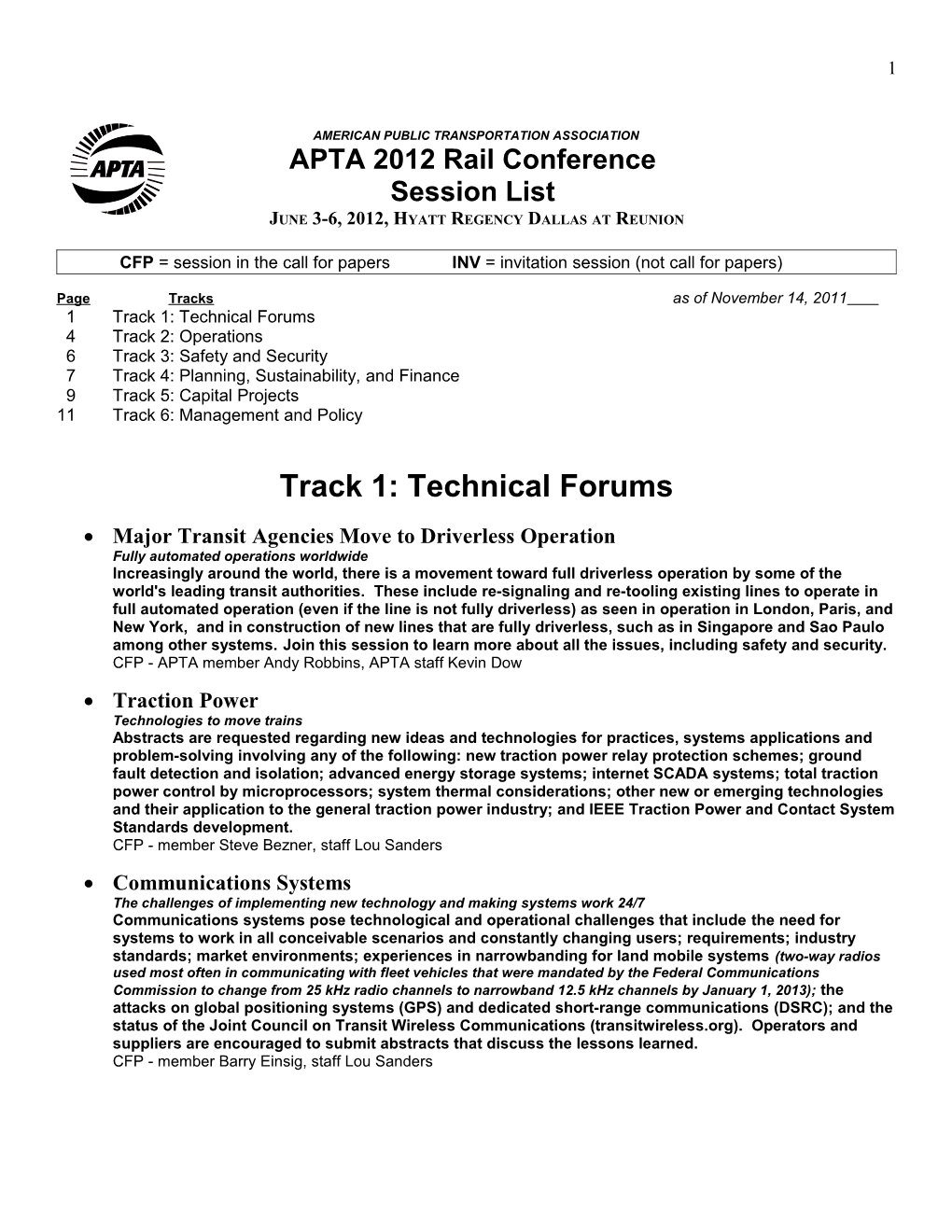 Rail Conference Planning Subcommittee - 2012 Session List