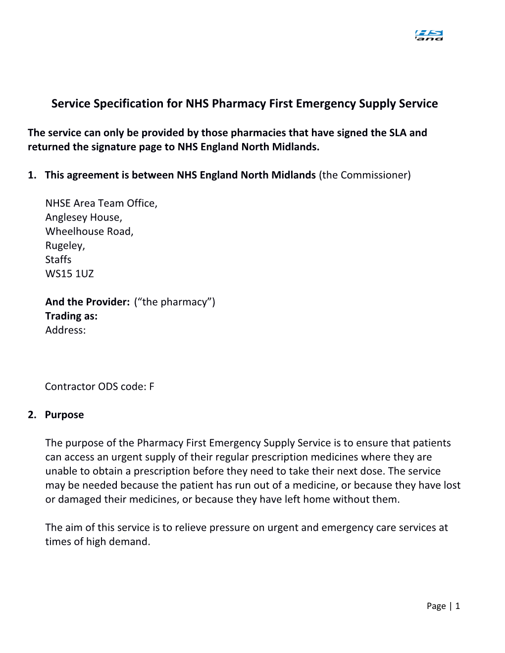 Service Specification for NHS Pharmacy First Emergency Supply Service