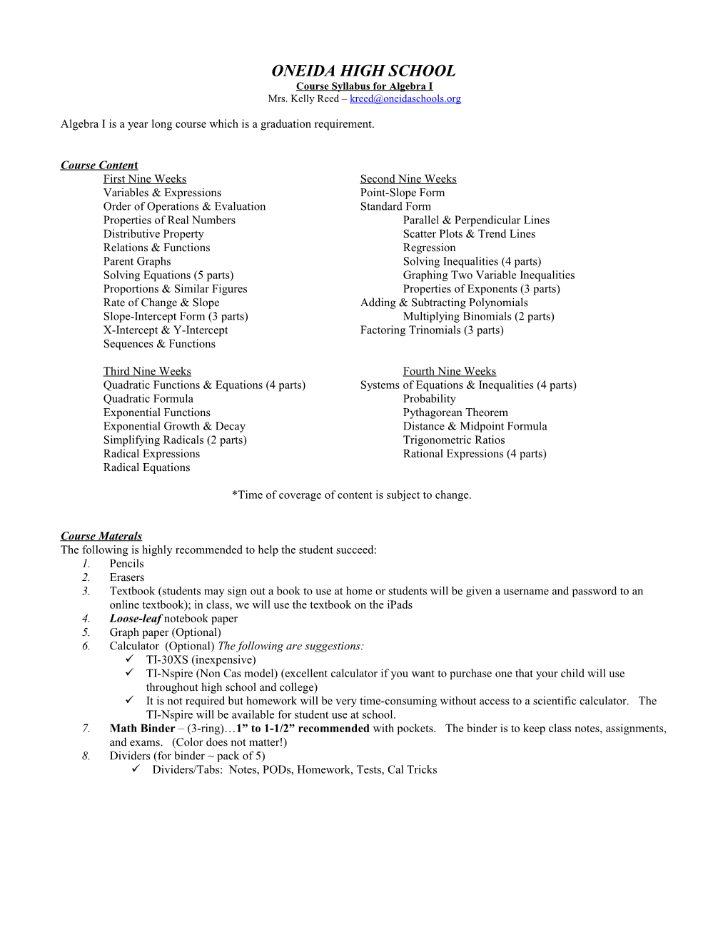 Course Syllabus For Algebra II-A