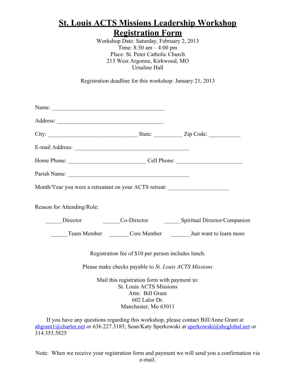 St. Louis ACTS Missions Leadership Workshop Registration Form