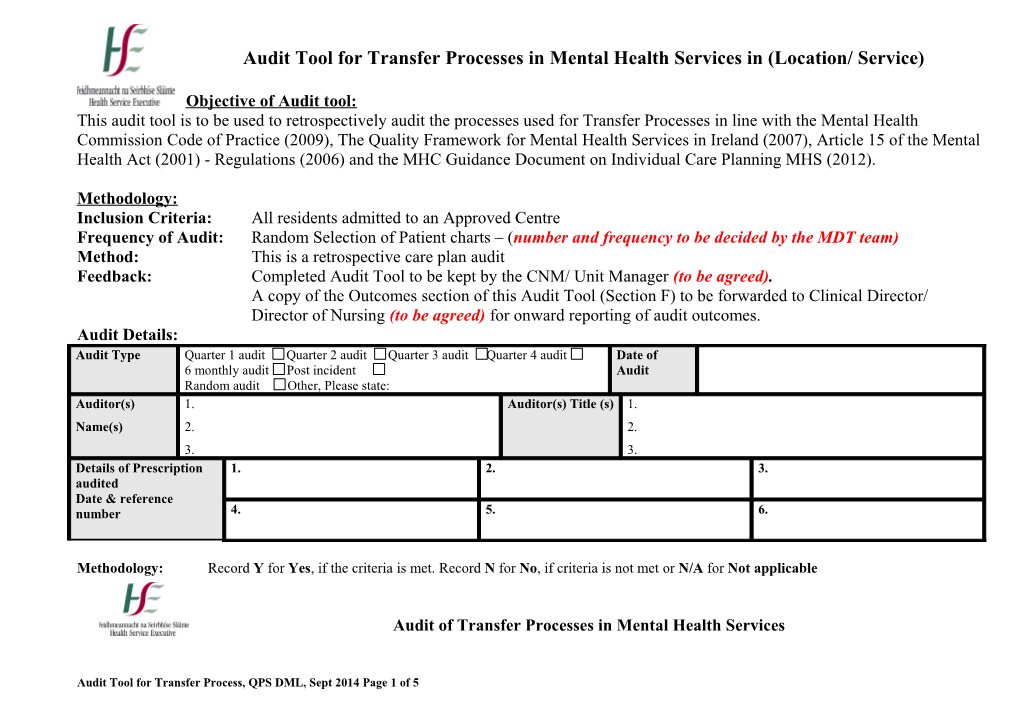 Audit Tool for Transfer Processes in Mental Health Services