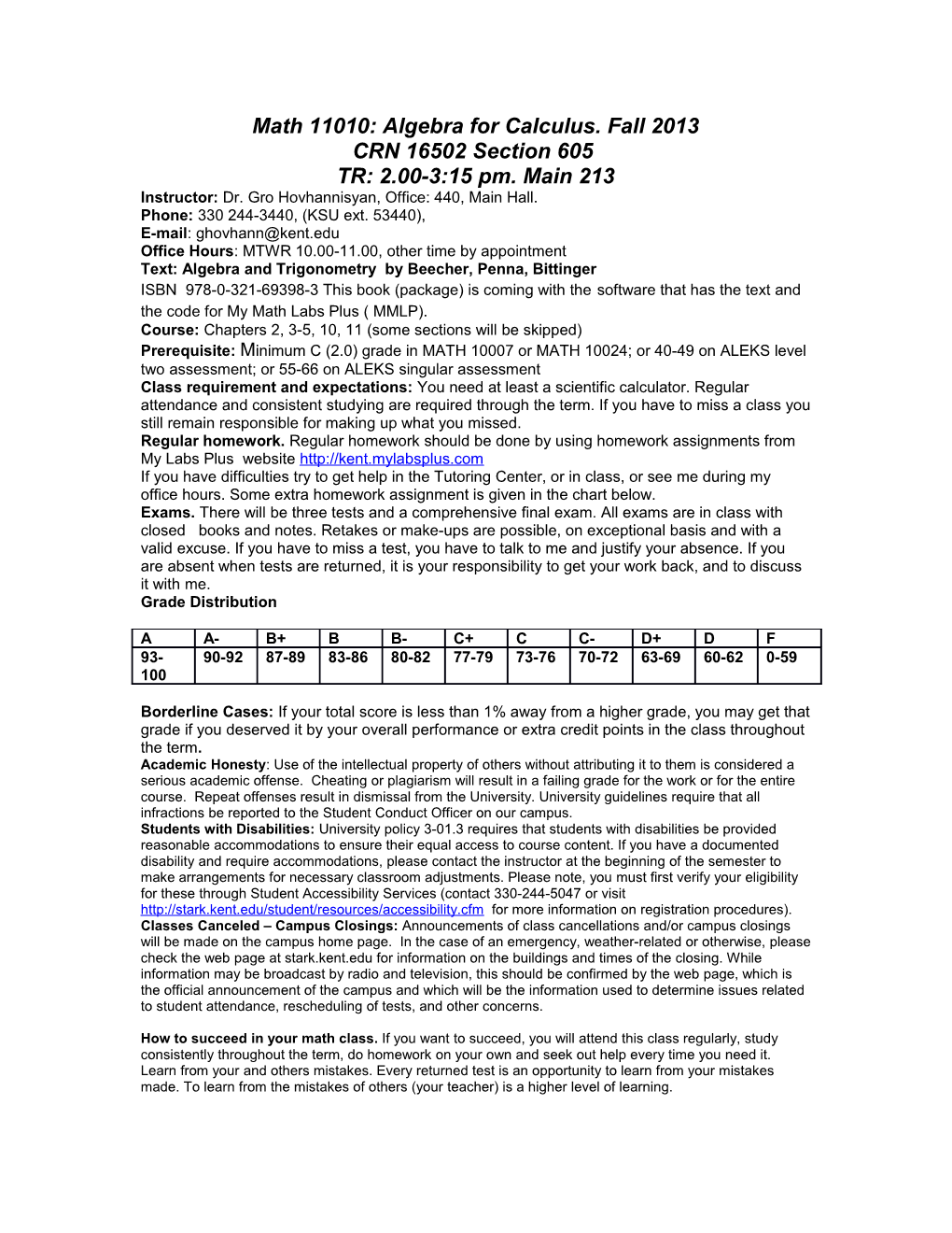 Math 11010: Algebra for Calculus. Fall 2013