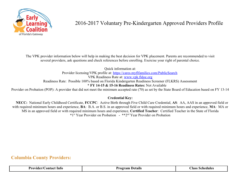 2016-2017 Voluntary Pre-Kindergarten Approved Providers Profile