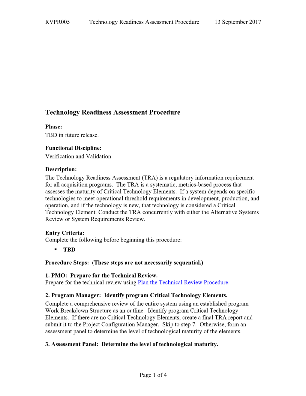 Technology Readiness Assessment Procedure