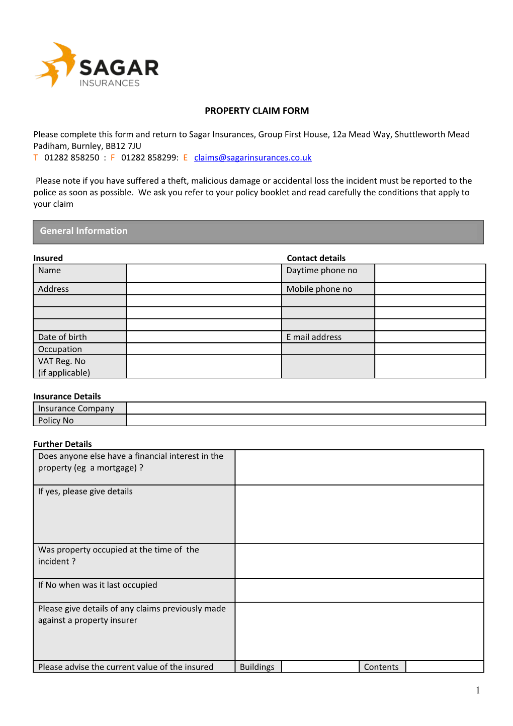 Sagar Insurance Property Claim Form