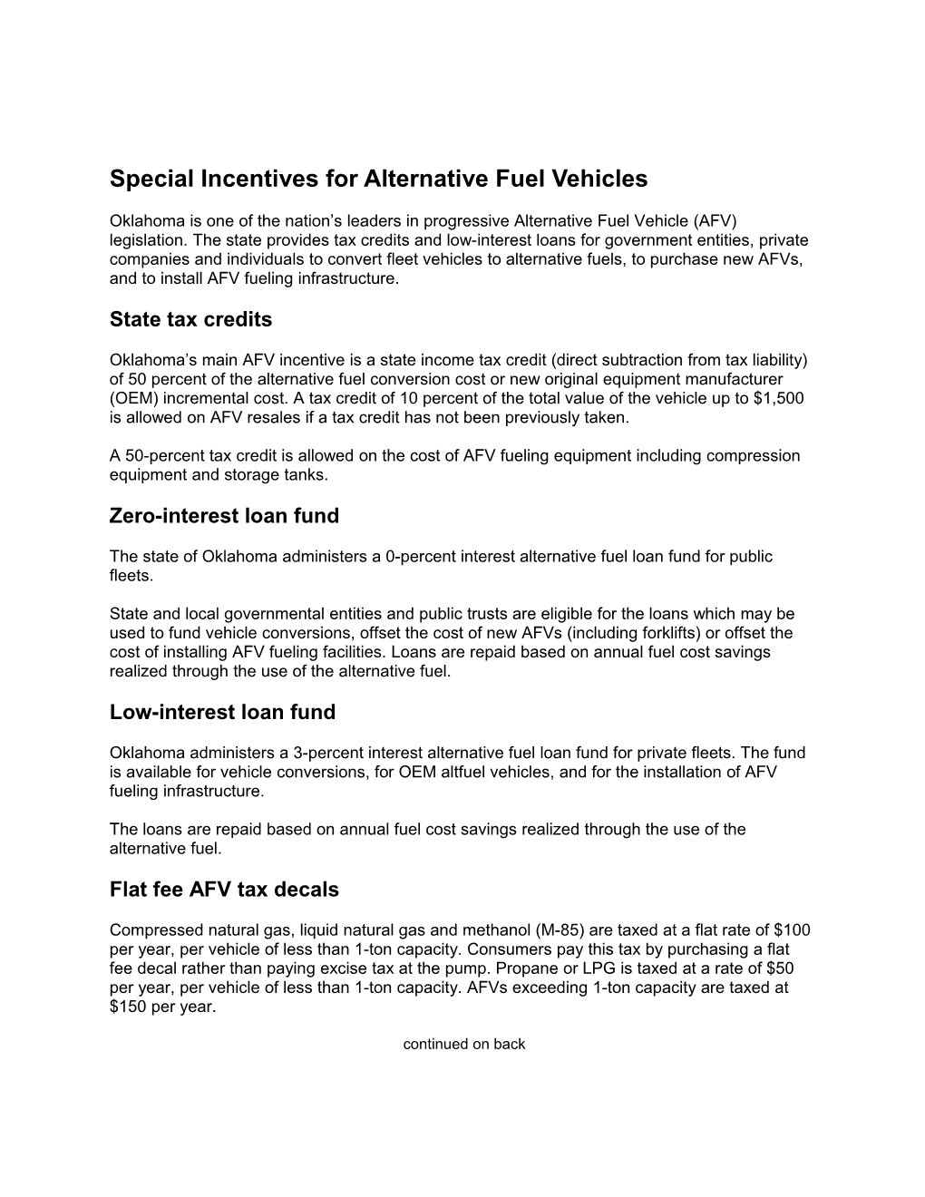 Special Incentives for Alternative Fuel Vehicles