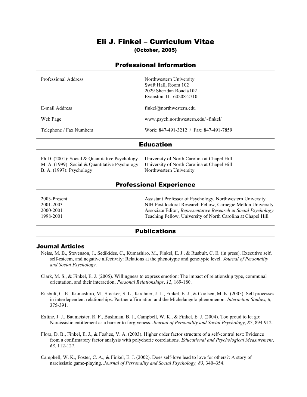 Eli J. Finkel Curriculum Vitae