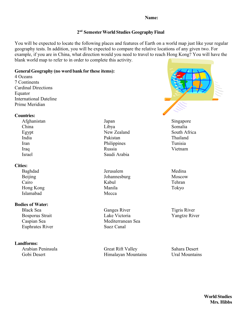 2007 2Nd Semester World Studies Geography Final