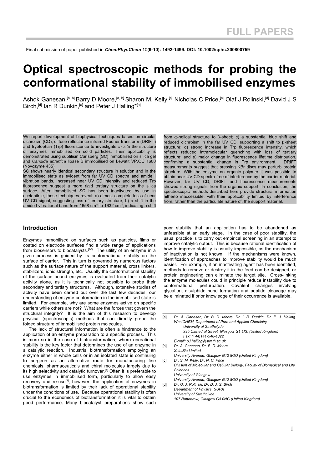 Optical Spectroscopic Methods for Probing the Conformational Stability of Immobilised Enzymes