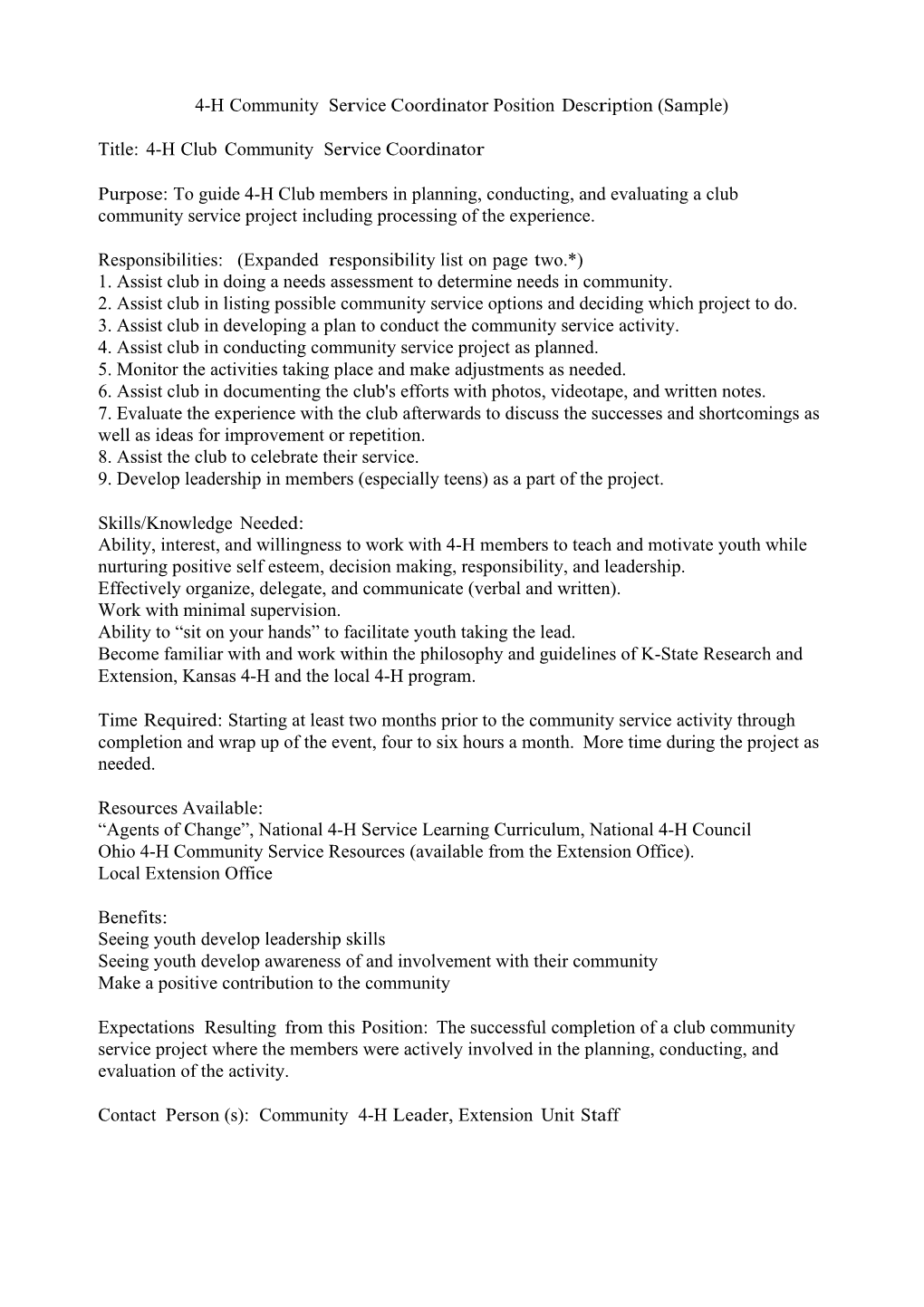 Community Service Coordinator Position Description.Rtf