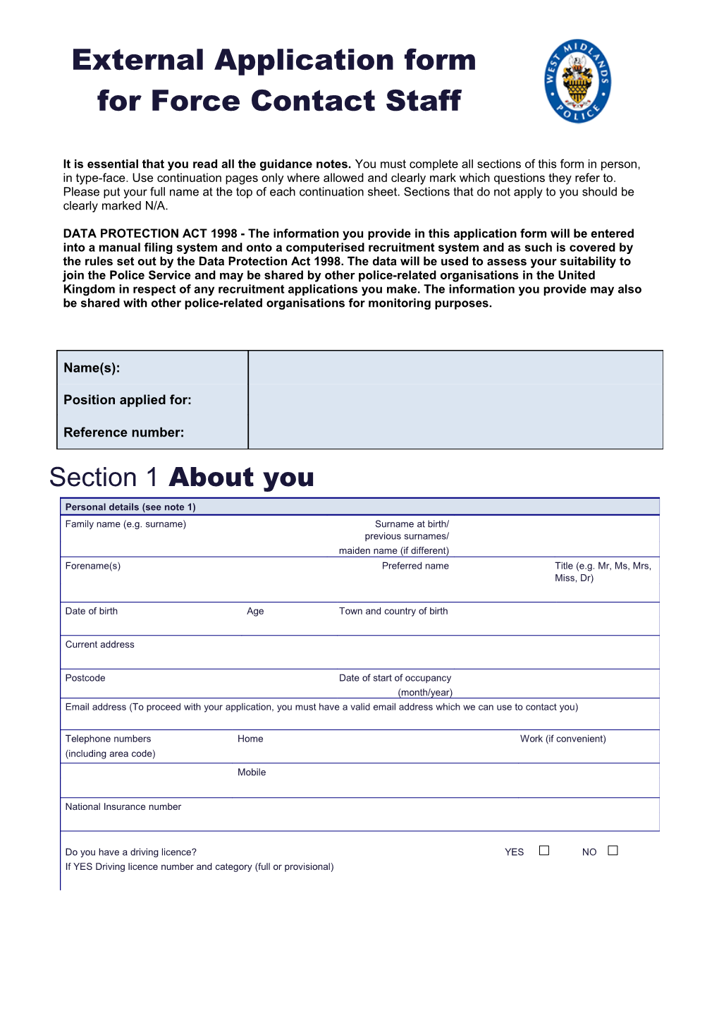 Application Form for Appointment in a Police Staff Role