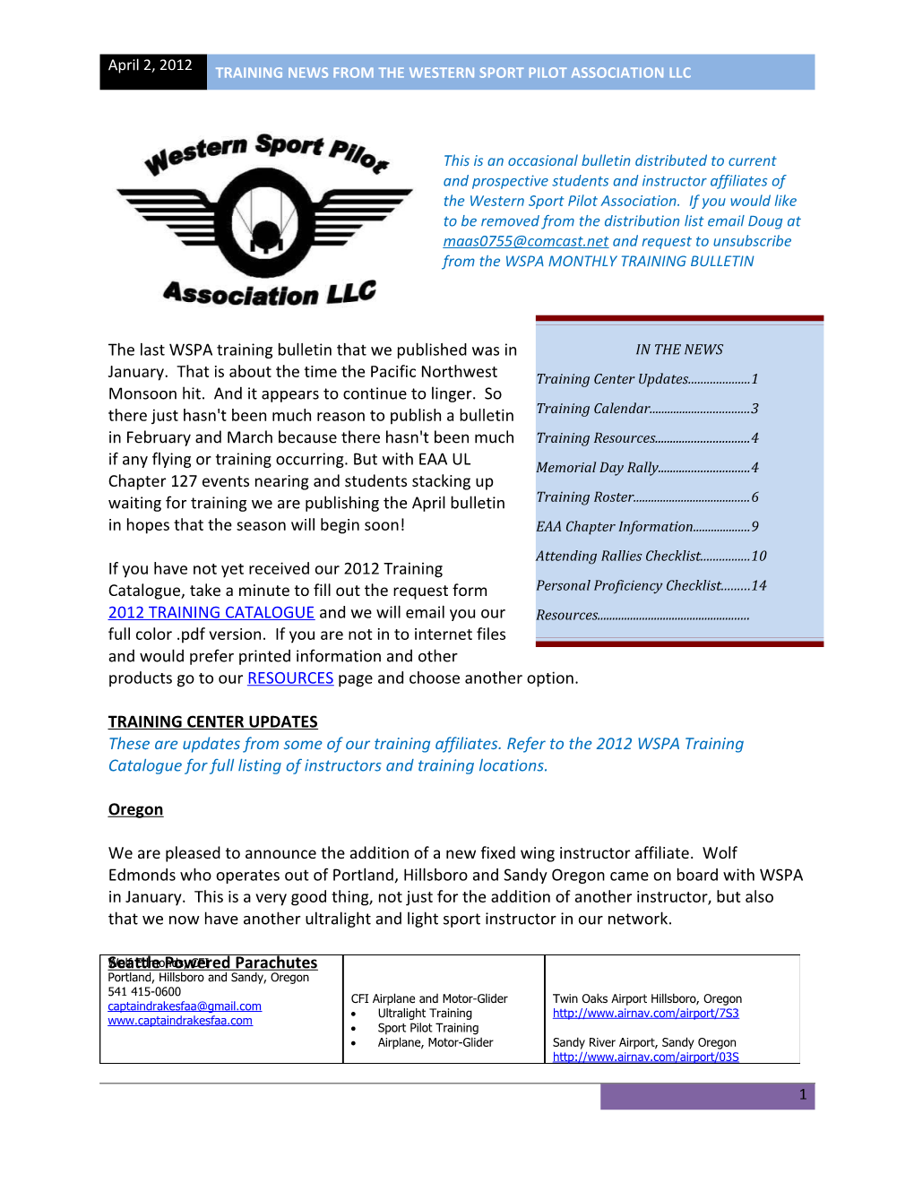 Training News from the Western Sport Pilot Association Llc
