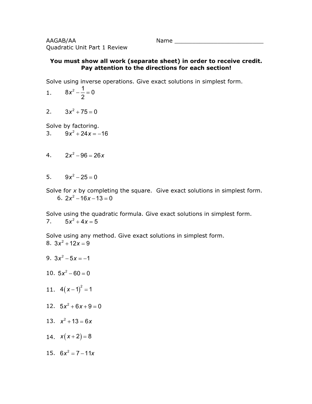Quadratic Unit Part 1 Review