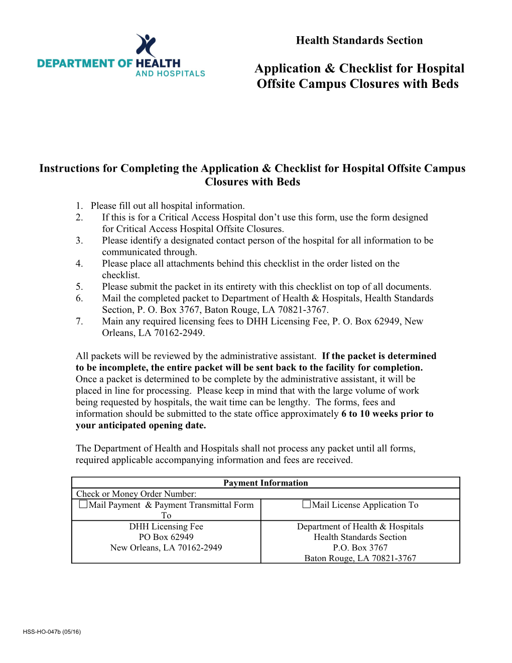 Instructions for Completing the Application & Checklist for Hospitaloffsite Campusclosures