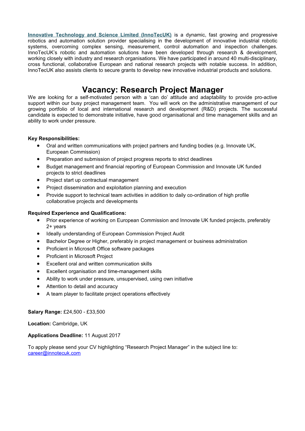 Vacancy: Research Project Manager