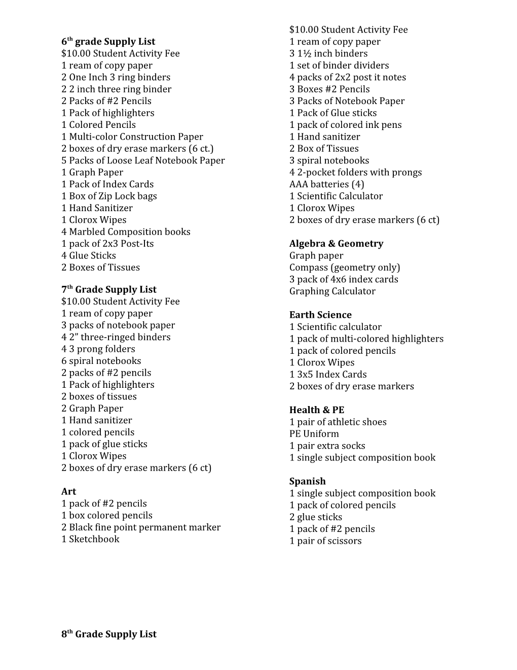 6Th Grade Supply List s1