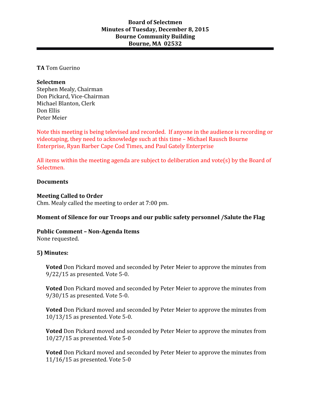 Board of Selectmen S Minutes December 8, 2015