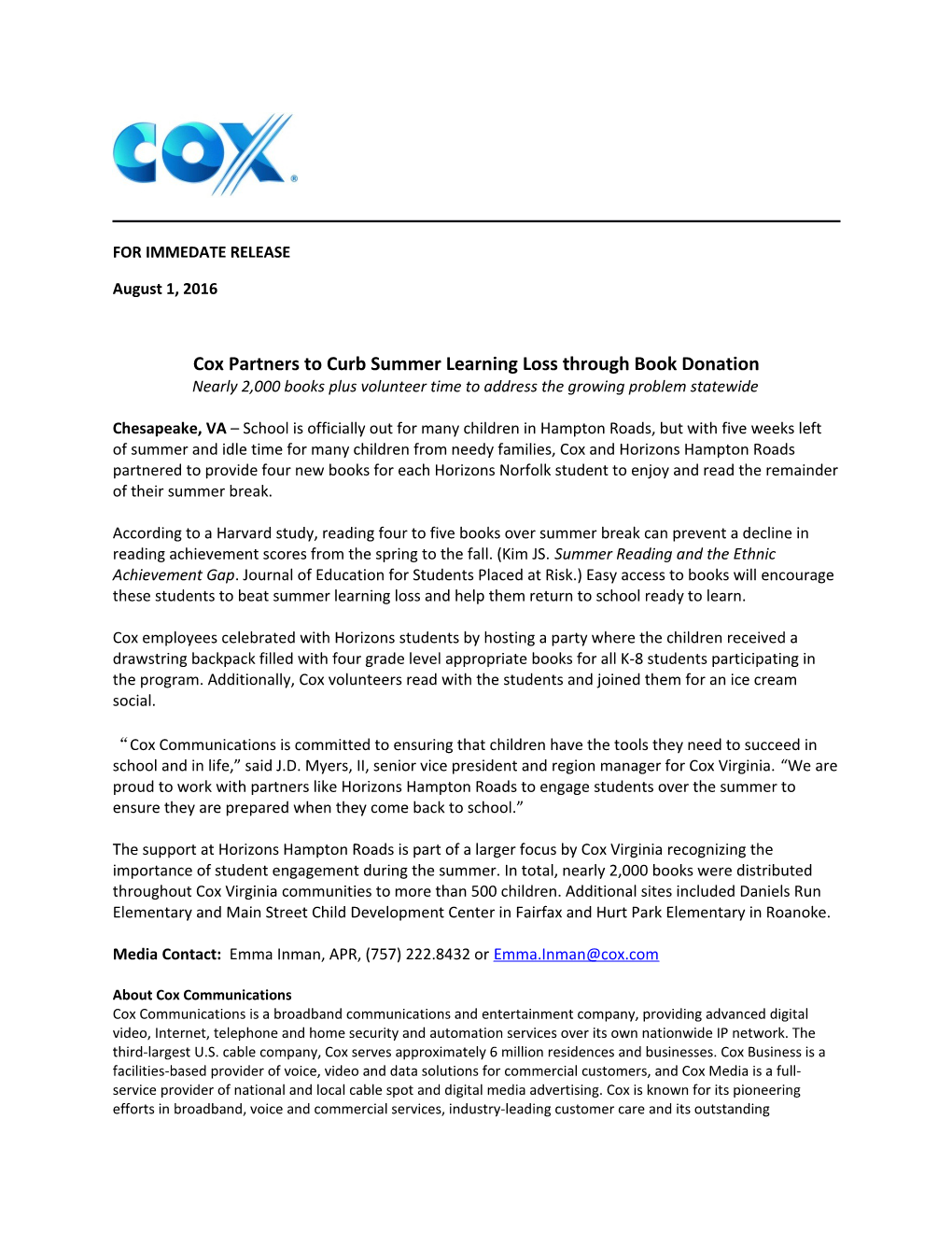 Cox Partners to Curb Summer Learning Loss Through Book Donation