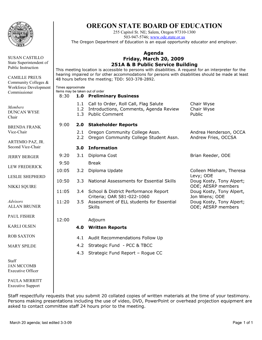 March 20 Agenda; Last Edited 3-3-09 Page 1 of 1