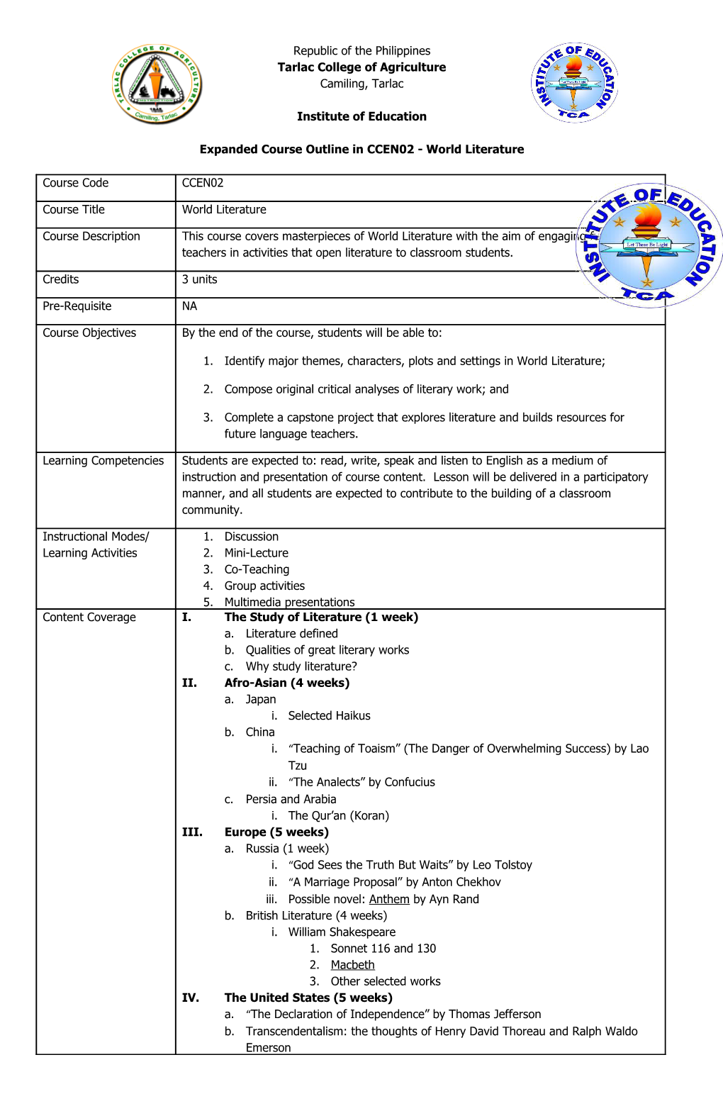 Expanded Course Outline in CCEN02 - World Literature