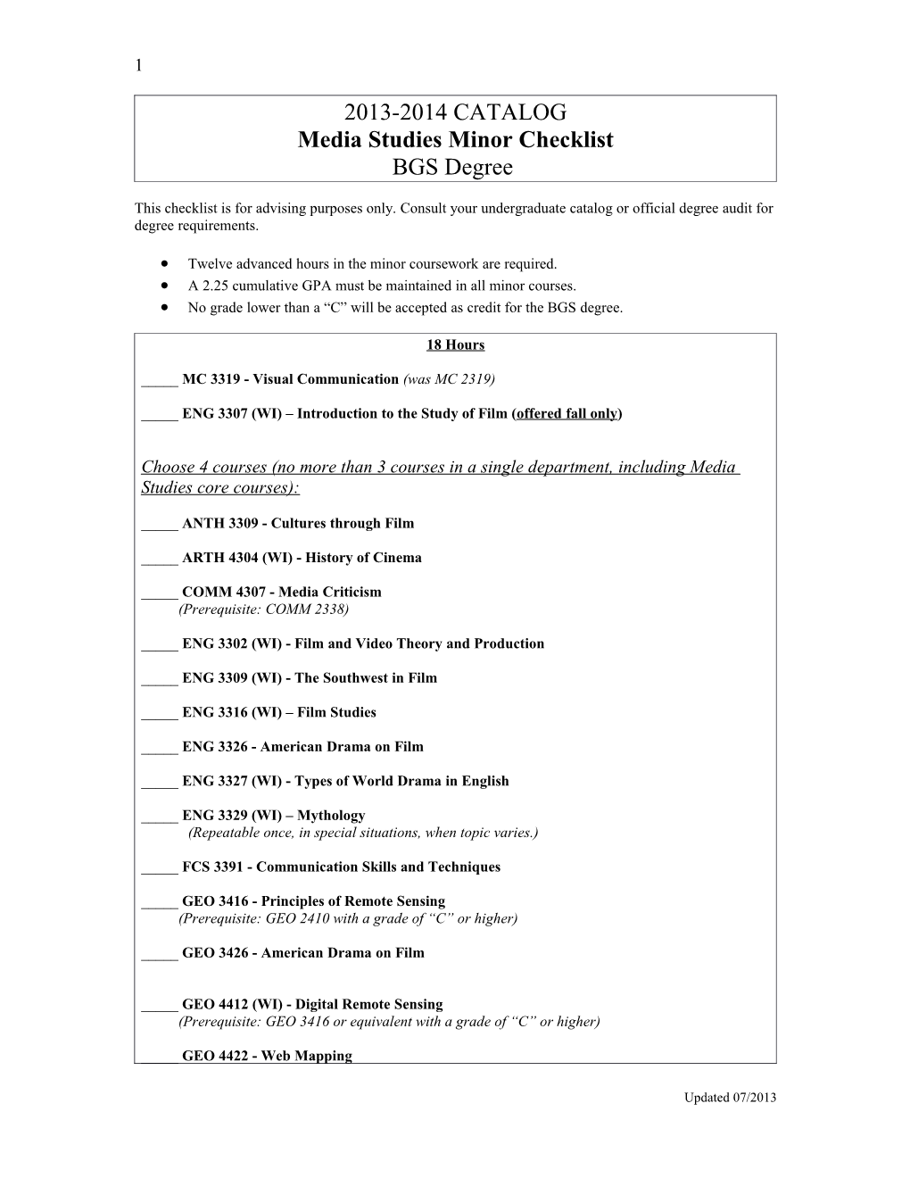 Media Studies Minor Checklist