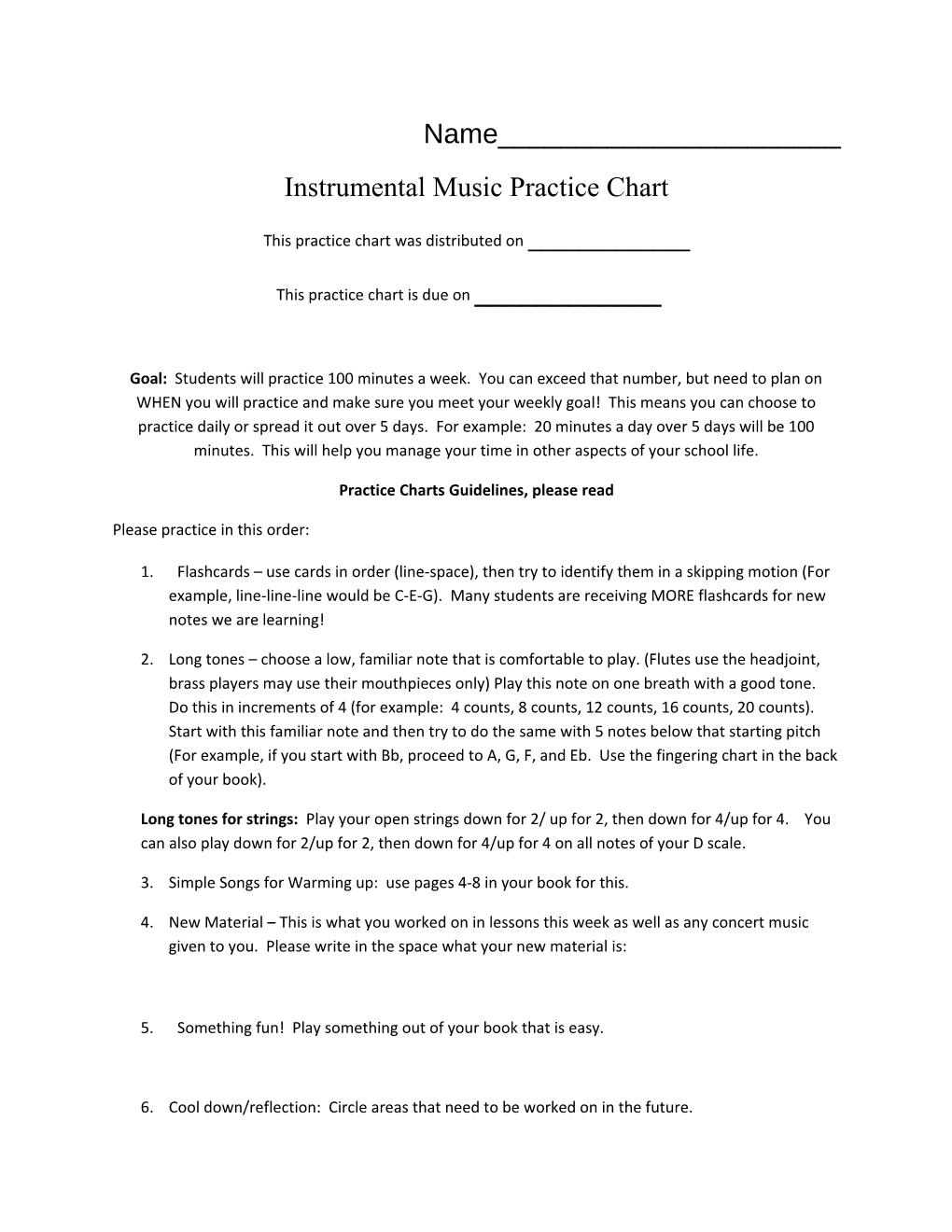 Instrumental Music Practice Chart
