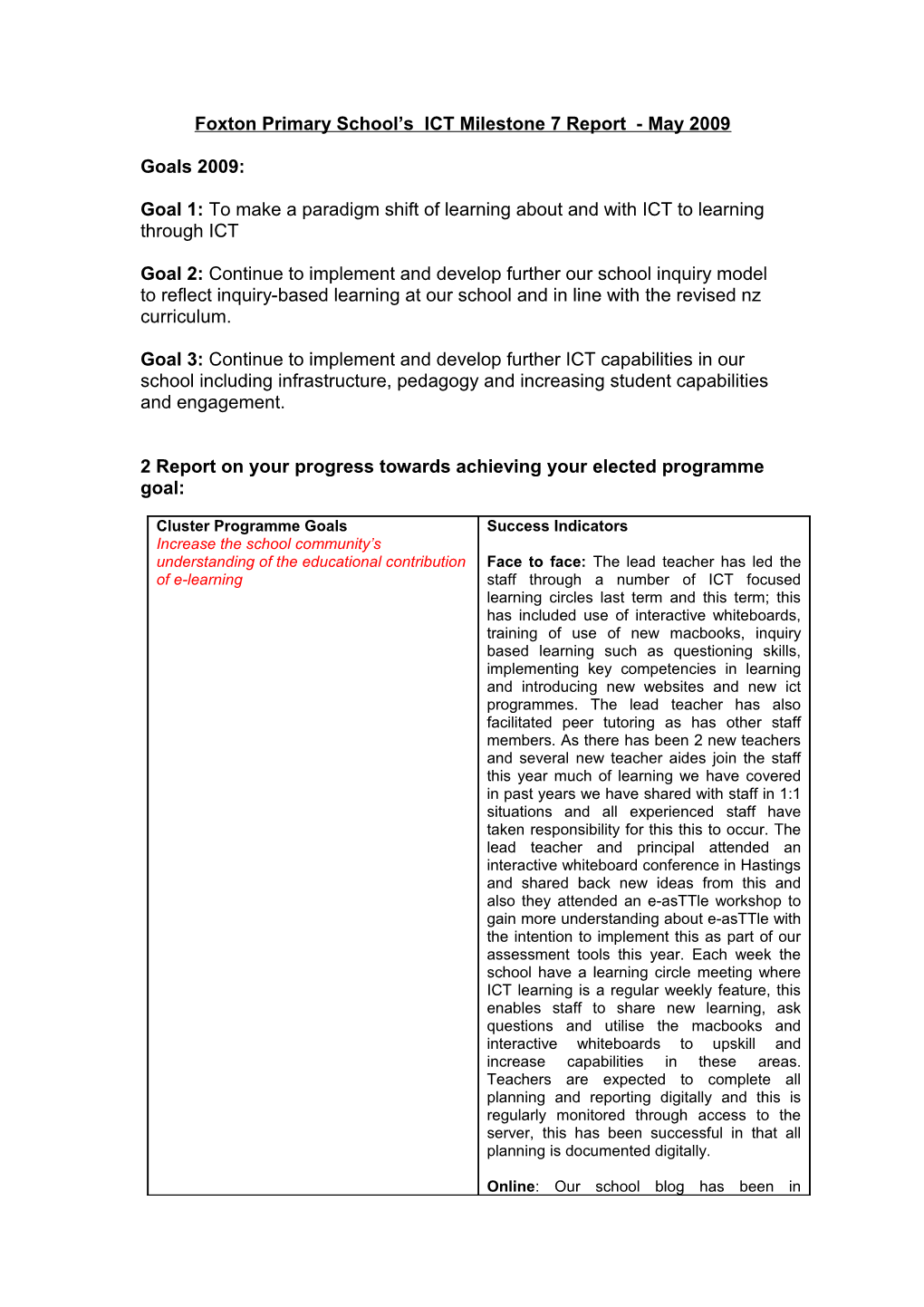 Foxton Primary School S ICT Milestone 7 Report - May 2009