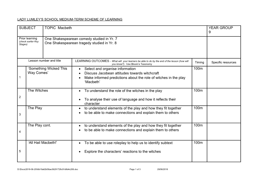 Lady Lumley S School Medium-Term Scheme of Learning s1