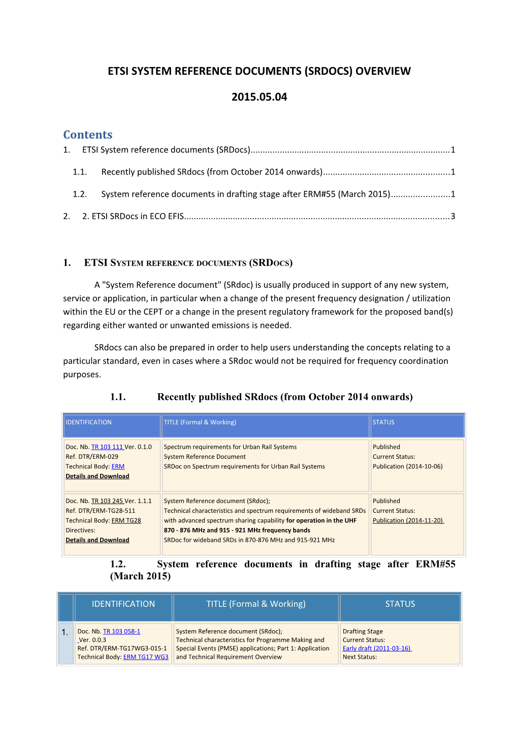 ETSI System Reference Documents (Srdocs) Overview