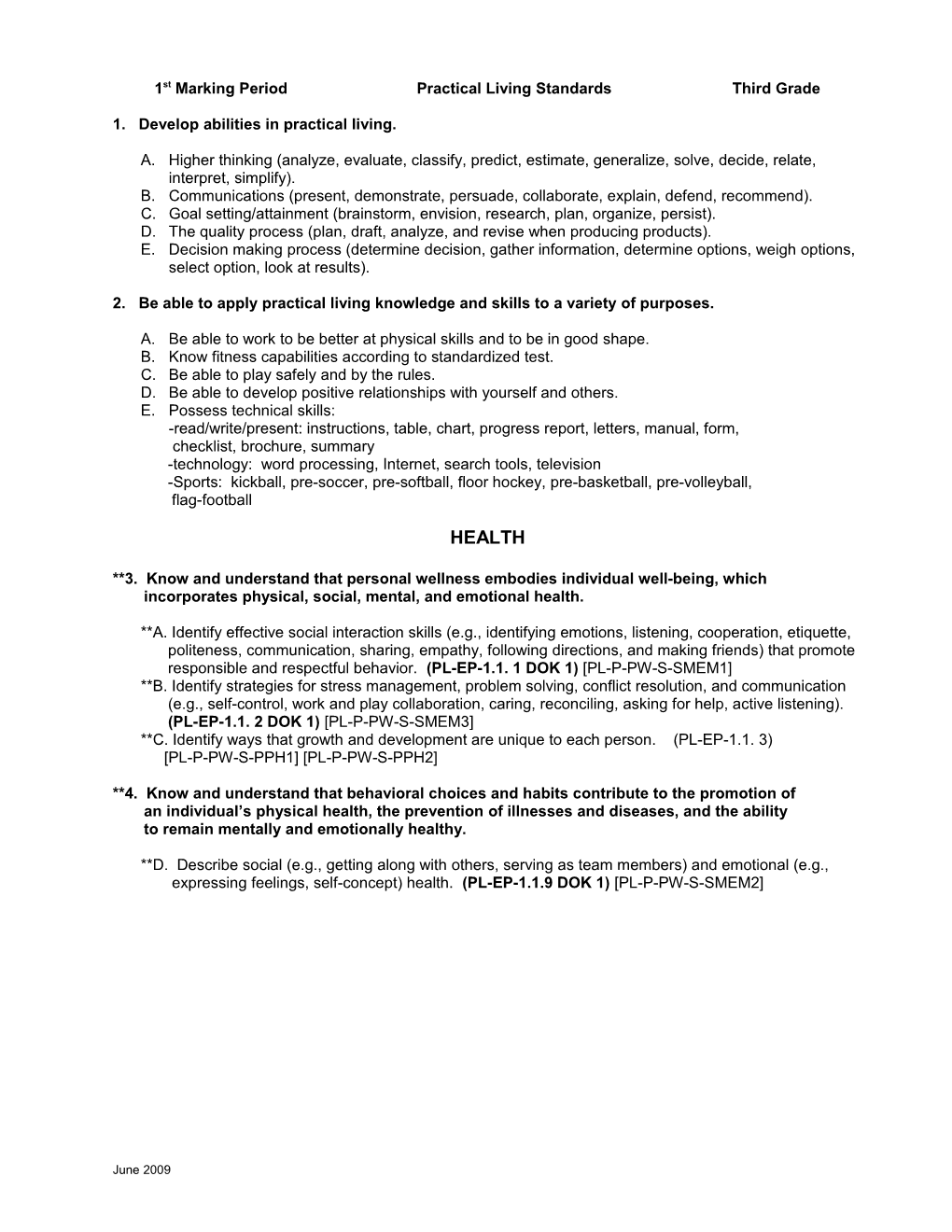 First Marking Period Practical Living Standards Third Grade