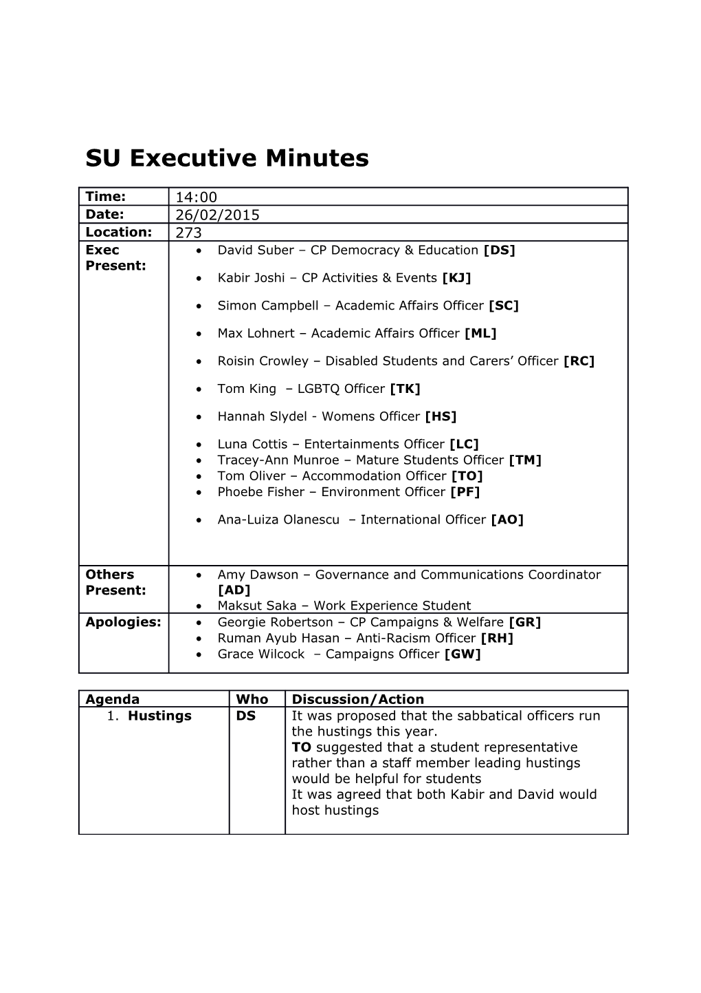 SU Executive Minutes