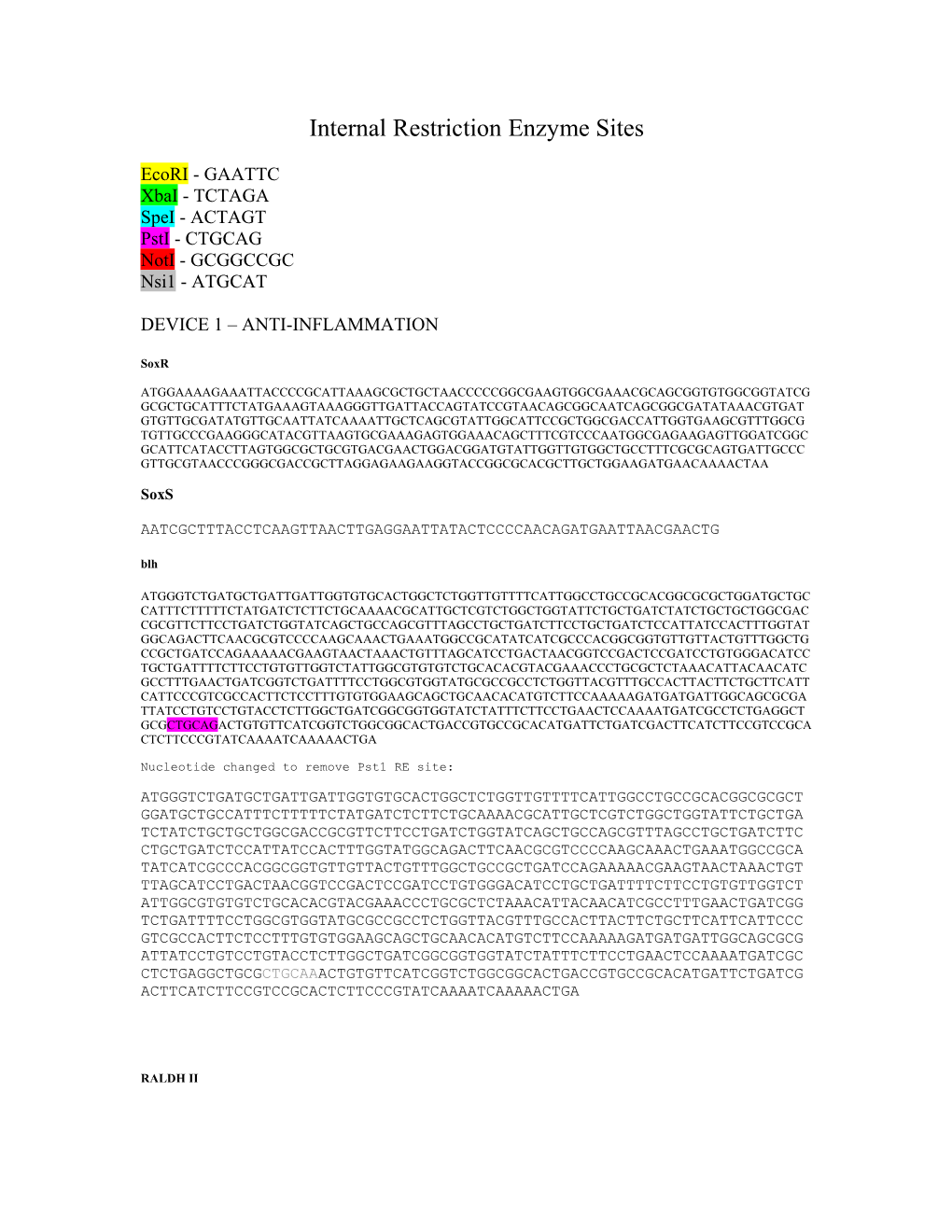 Internal Restriction Enzyme Sites