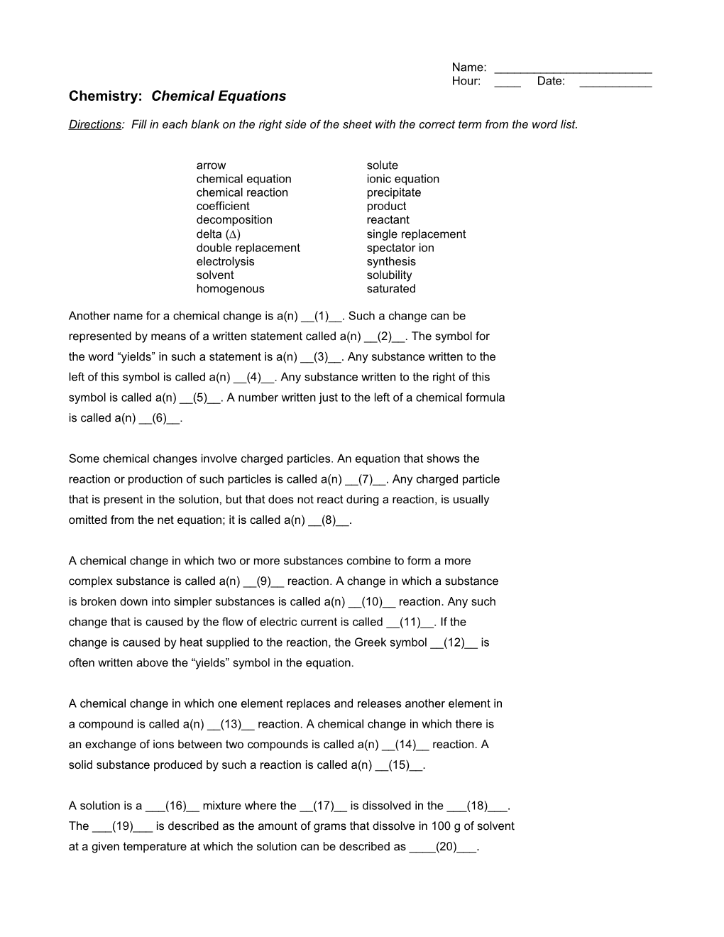 Vocabulary WS Chemical Equations (World List Paragraph)