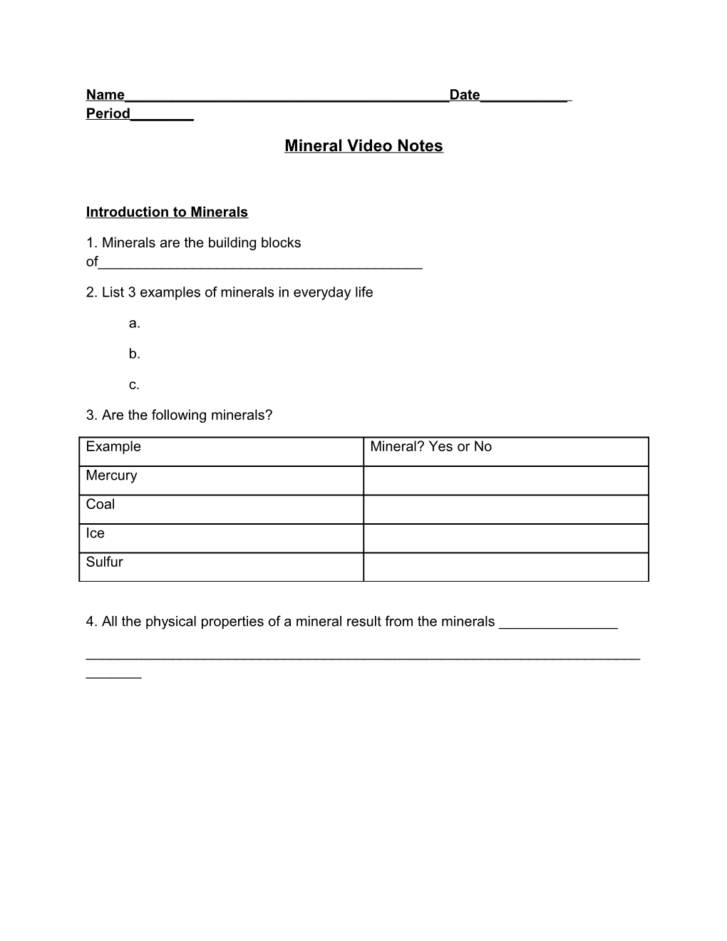 Mineral Video Notes